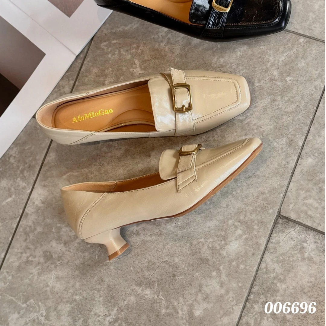 复古方头皮带扣单鞋法式乐福鞋平底女鞋006696