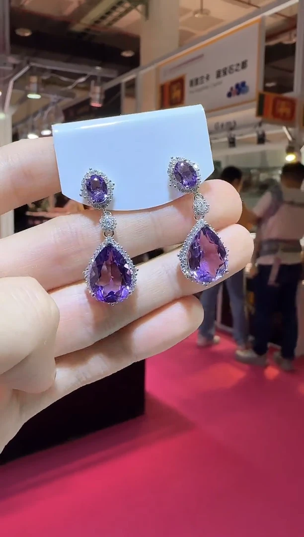 银S925镶嵌耳饰紫晶10*15mm耳坠