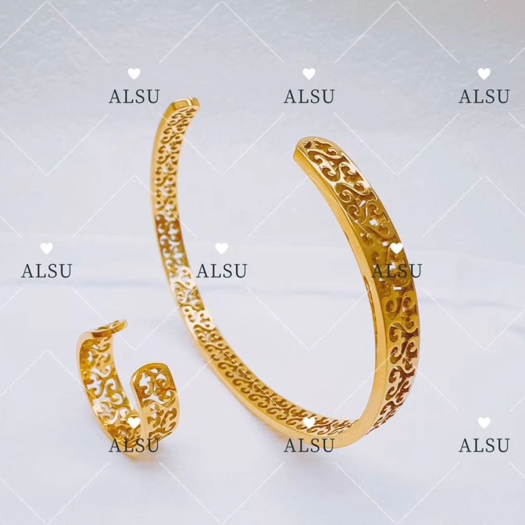 合金手镯 ALSU原创经典镂空细款民族风手镯戒指两件套百搭时尚