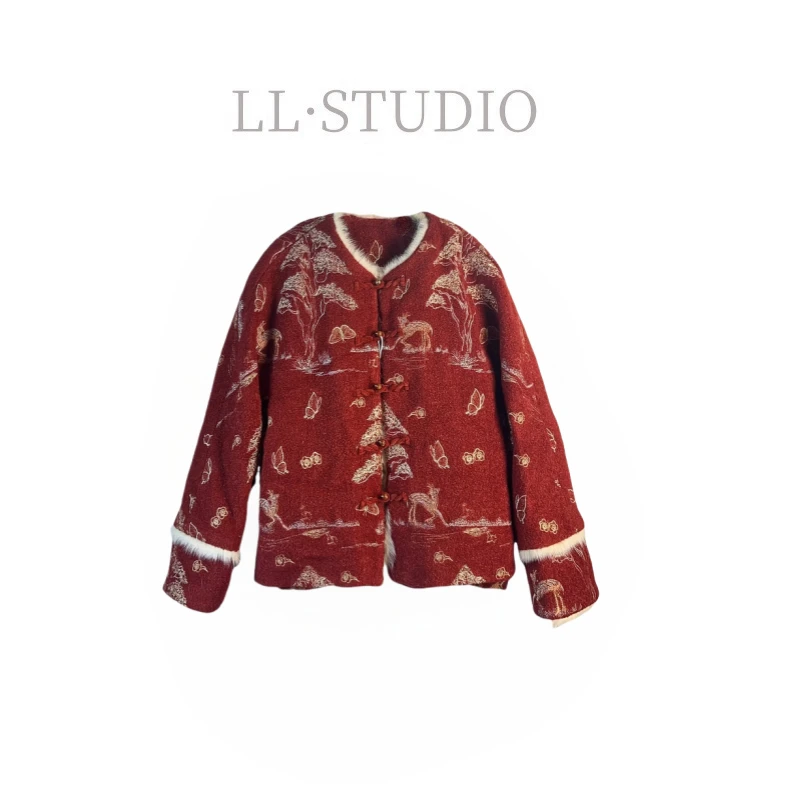 妙兮·LL冬季新年款新中式印花拼毛国风羽绒服*20242460