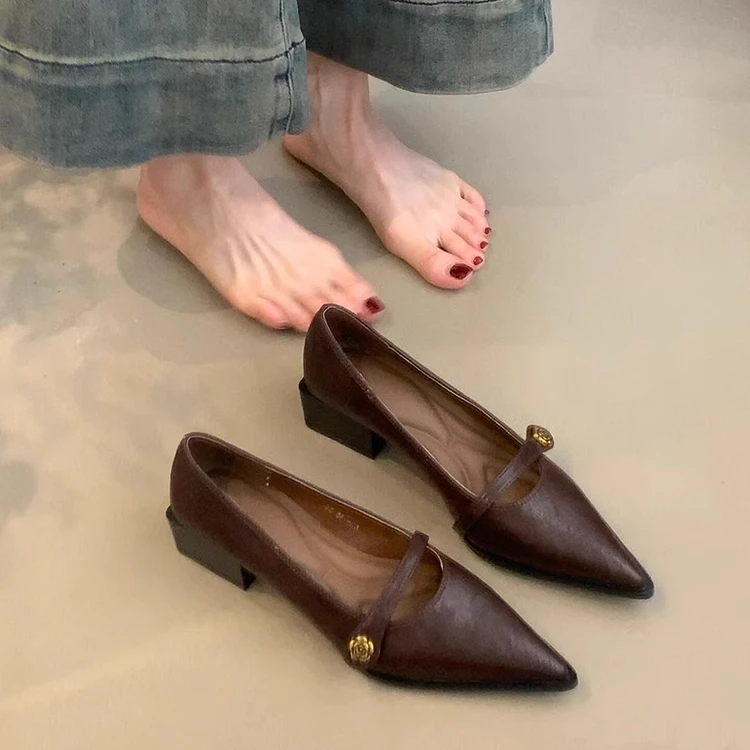 法式高跟鞋女2025春新品山茶花一字扣粗跟单鞋尖头气质玛丽珍鞋女