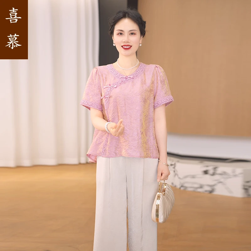 2025新款妈妈装夏季时尚洋气质中老年女装宽松新中式小衫t恤套装