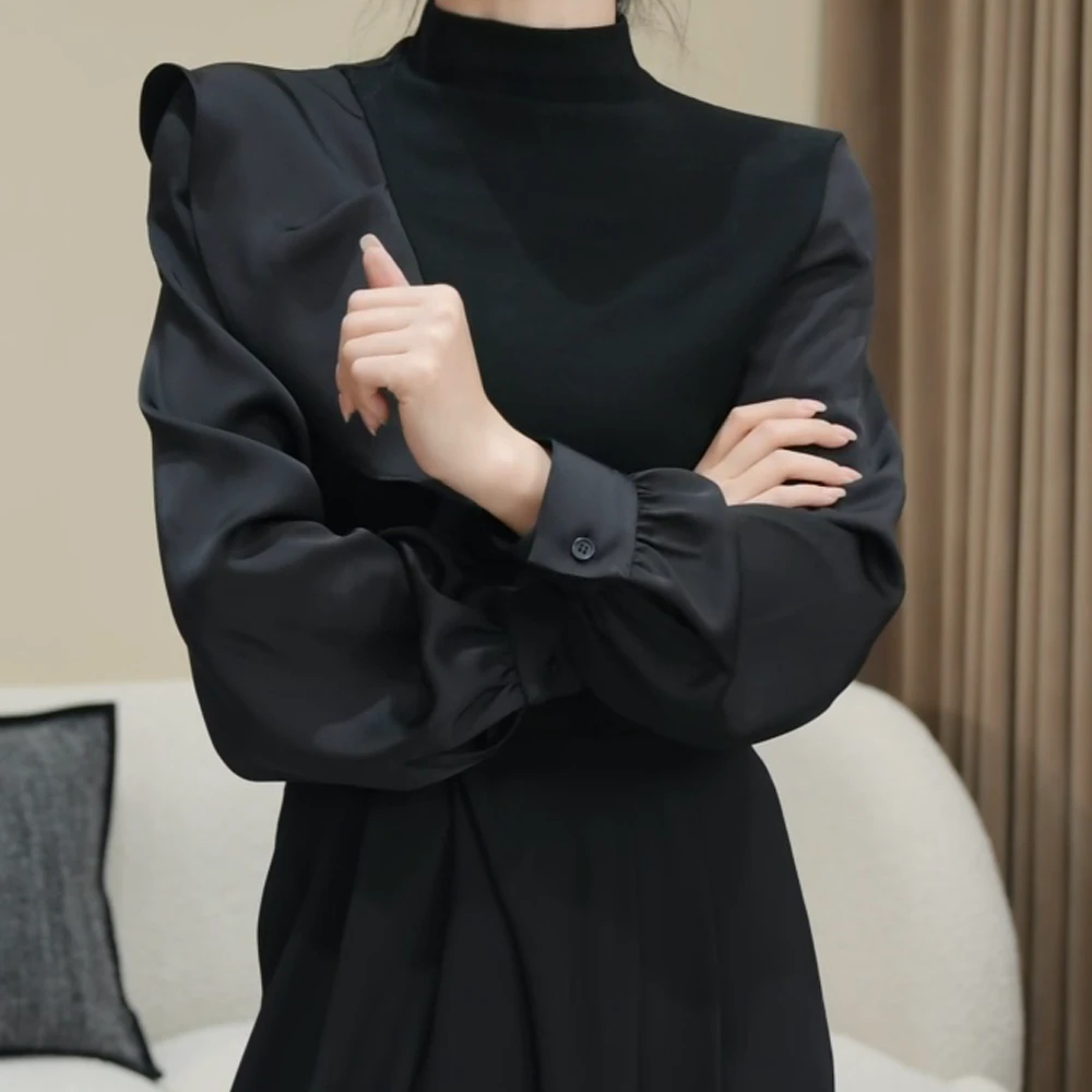 收腰新款半高领黑色气质长袖T恤洋气女时尚修身显瘦上衣C3606