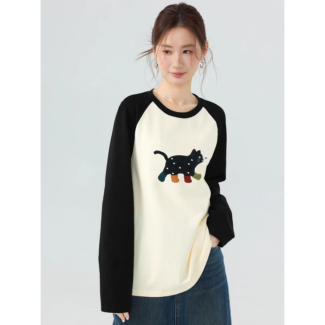 爱蔷薇胖mm大码女猫咪图案t恤2025春季新款松弛感宽松上衣GT76017