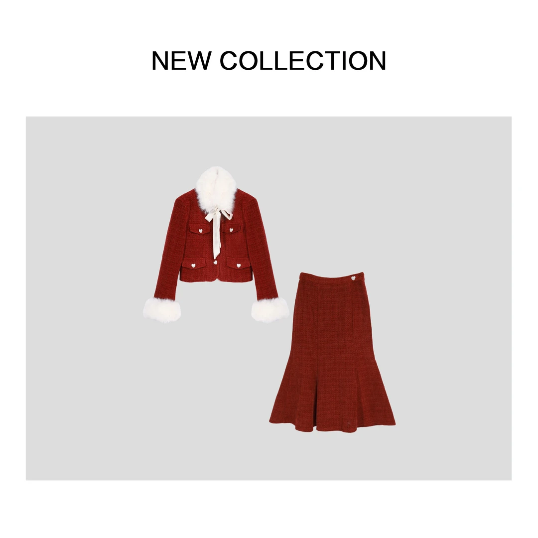 【粉丝专属】D3518001A新款复古风毛领装饰紫色外套+裙子套装