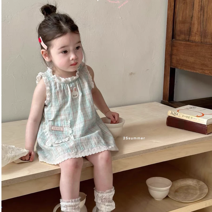 女童连衣裙夏季2025新款洋气儿童宝宝甜美小兔子格子裙子夏装潮流