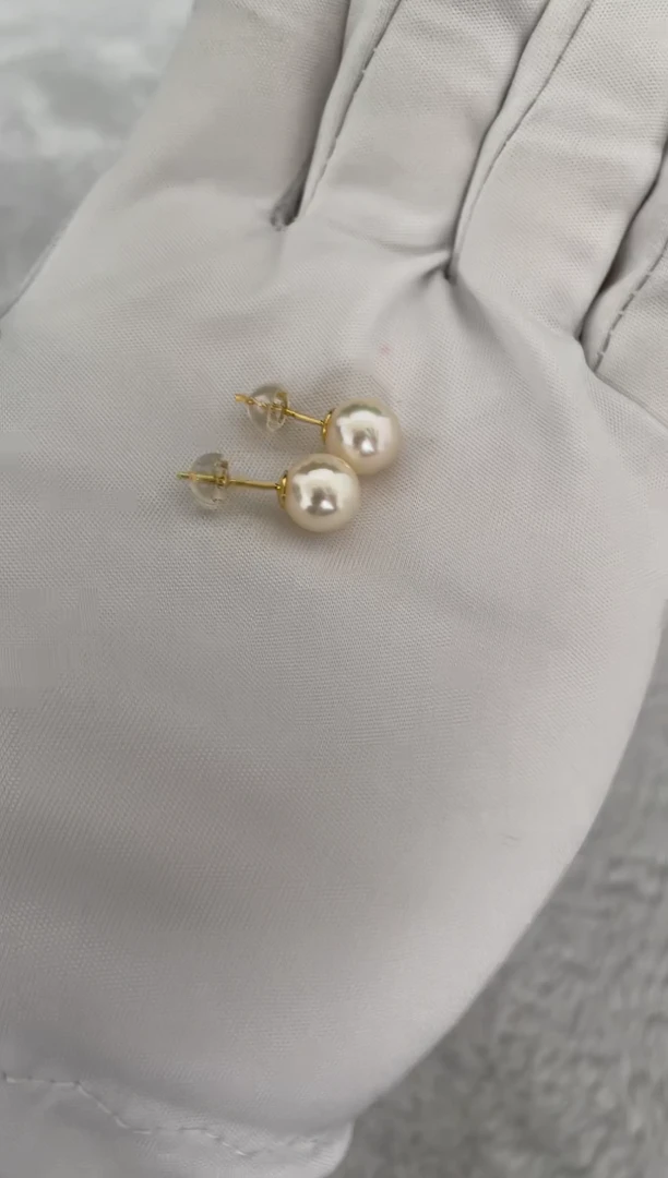 银S925镶嵌耳钉海水珍珠AK羽皇金素钉8-8.5mm