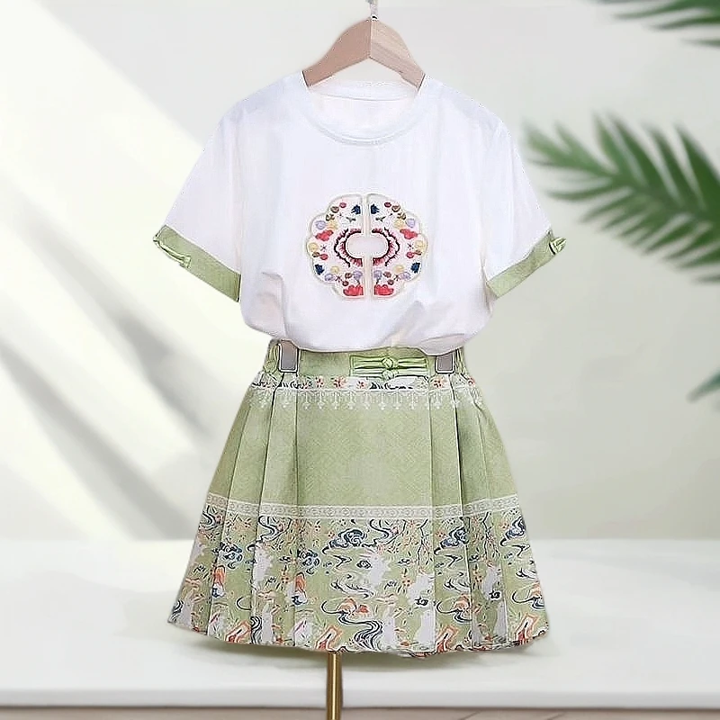 女童夏季套装2025新款儿童衣服女孩新中式国风T恤百褶短裙两件套