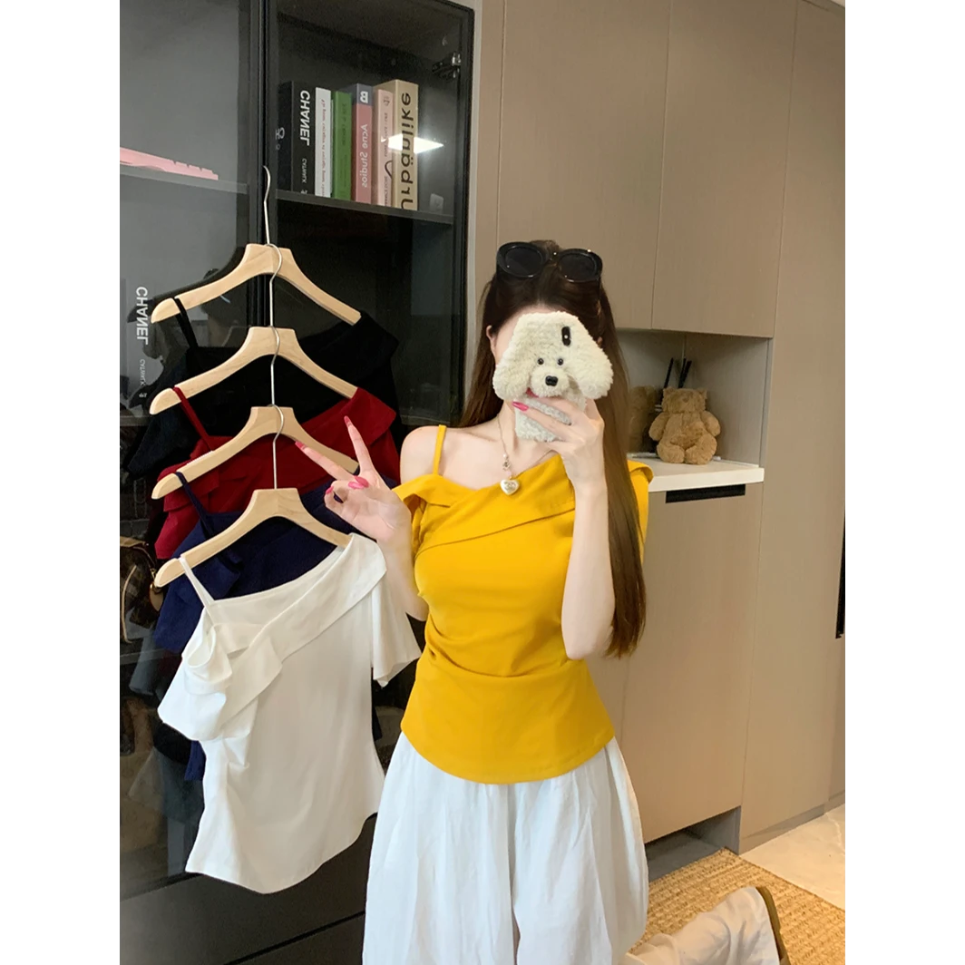 2025夏装新款胖mm显瘦款大码纯欲斜领吊带别致大码短袖t恤女A1813