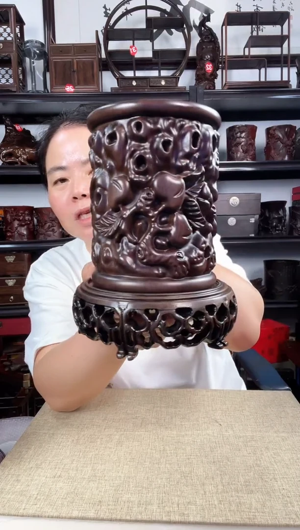 木新款3+寿桃笔筒老李红木工艺品