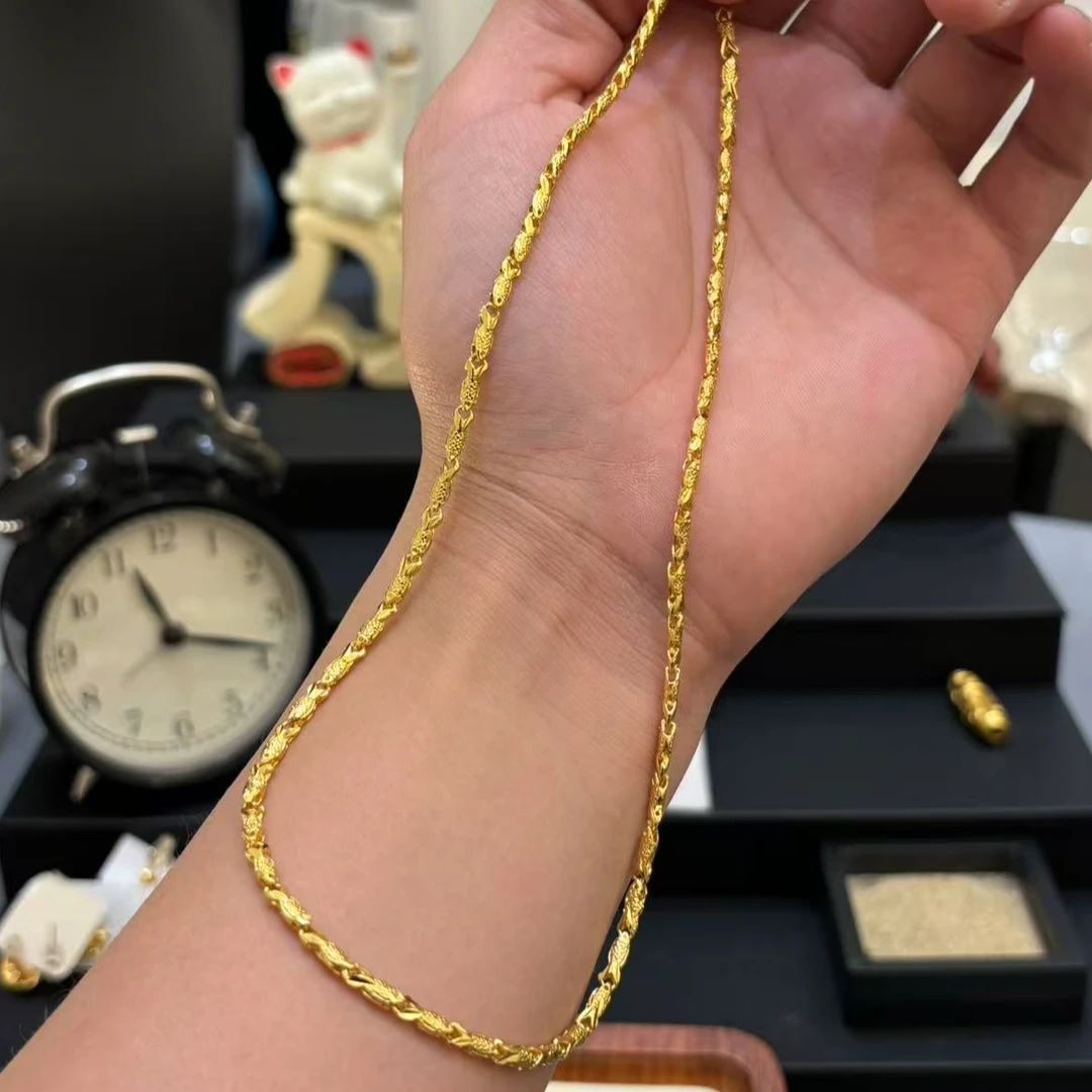 合金项链 【小鱼项链】时尚百搭男款女士金色抽拉真金素款不掉色