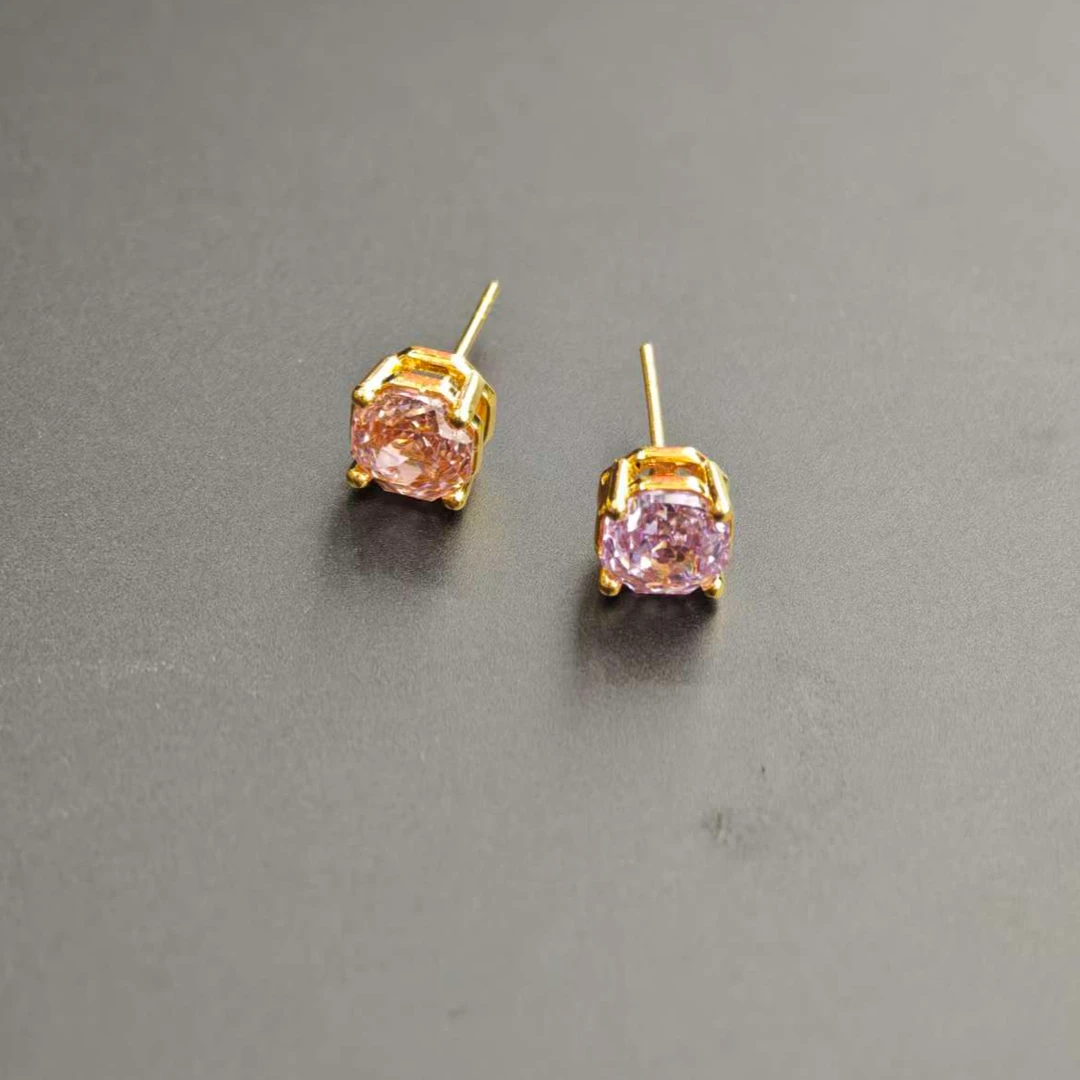 合成锆石【媛媛】18K金紫/粉玫瑰切耳钉（一对） 卡6MM