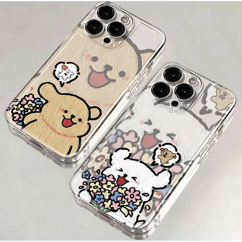 捧花小狗适用iphone16pro/15手机壳苹果13/12/11透明14p卡通8情侣
