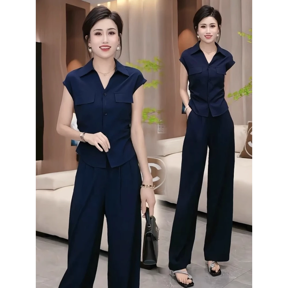 时尚套装女2025夏季新款时髦洋气减龄翻领无袖衬衫阔腿裤两件套潮