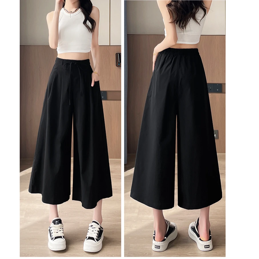八分开叉裙裤女2025大码夏季薄款别致高腰宽松显瘦休闲大阔腿裤子