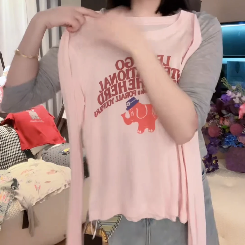 【小象防晒】2025春夏时髦百搭显瘦T恤女时尚春款慵懒风粉色上衣