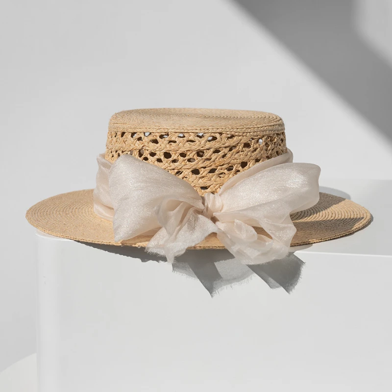 疯帽子 法式甜美欧根纱蝴蝶结天然拉菲草帽镂空出游帽子春夏2025