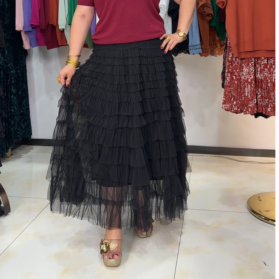 【半身裙】夏季新款松紧腰显瘦中长款多层拼接纯色蛋糕半身裙