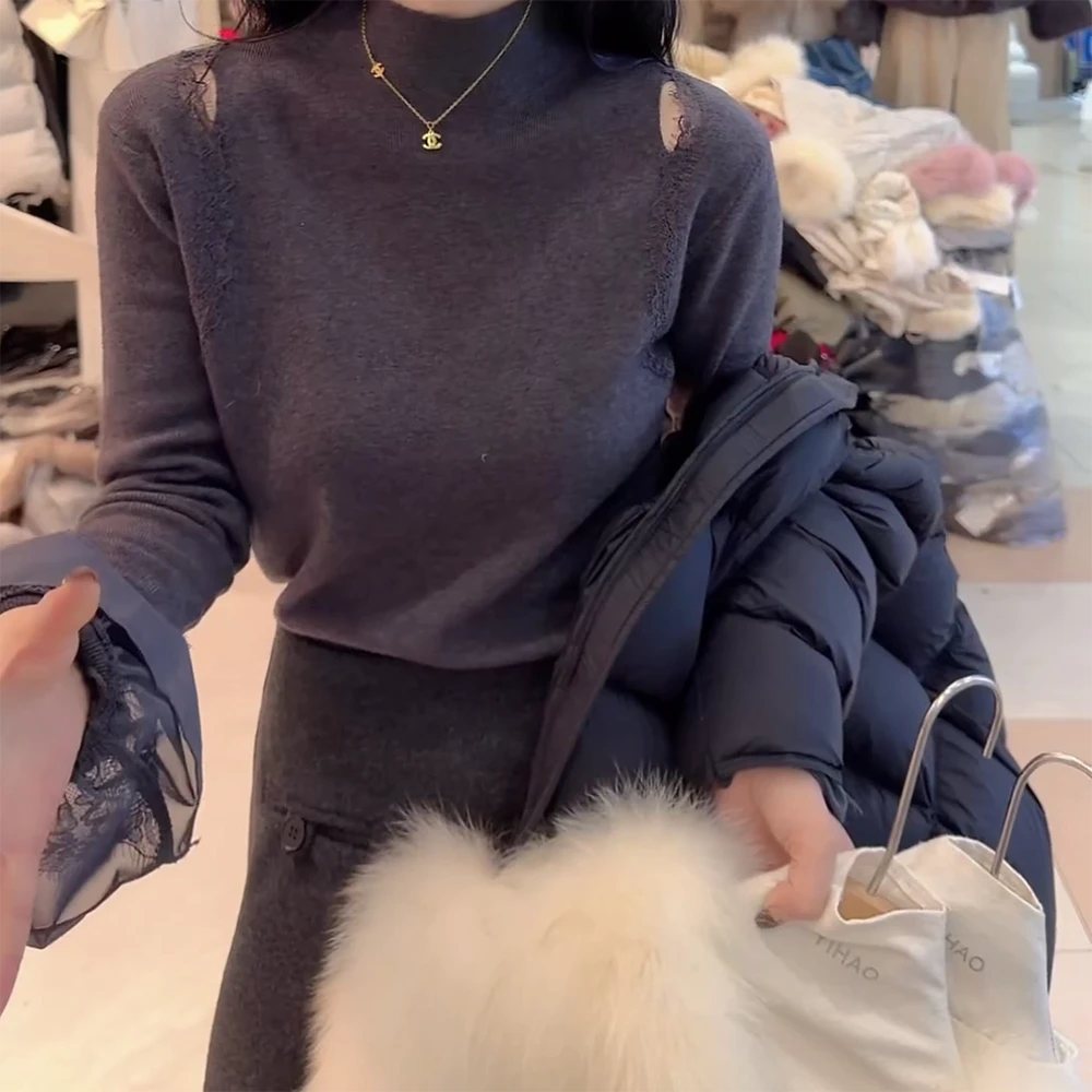 秋冬季新款蕾丝漏肩针织衫修身型显瘦百搭针织毛针织衫C6639