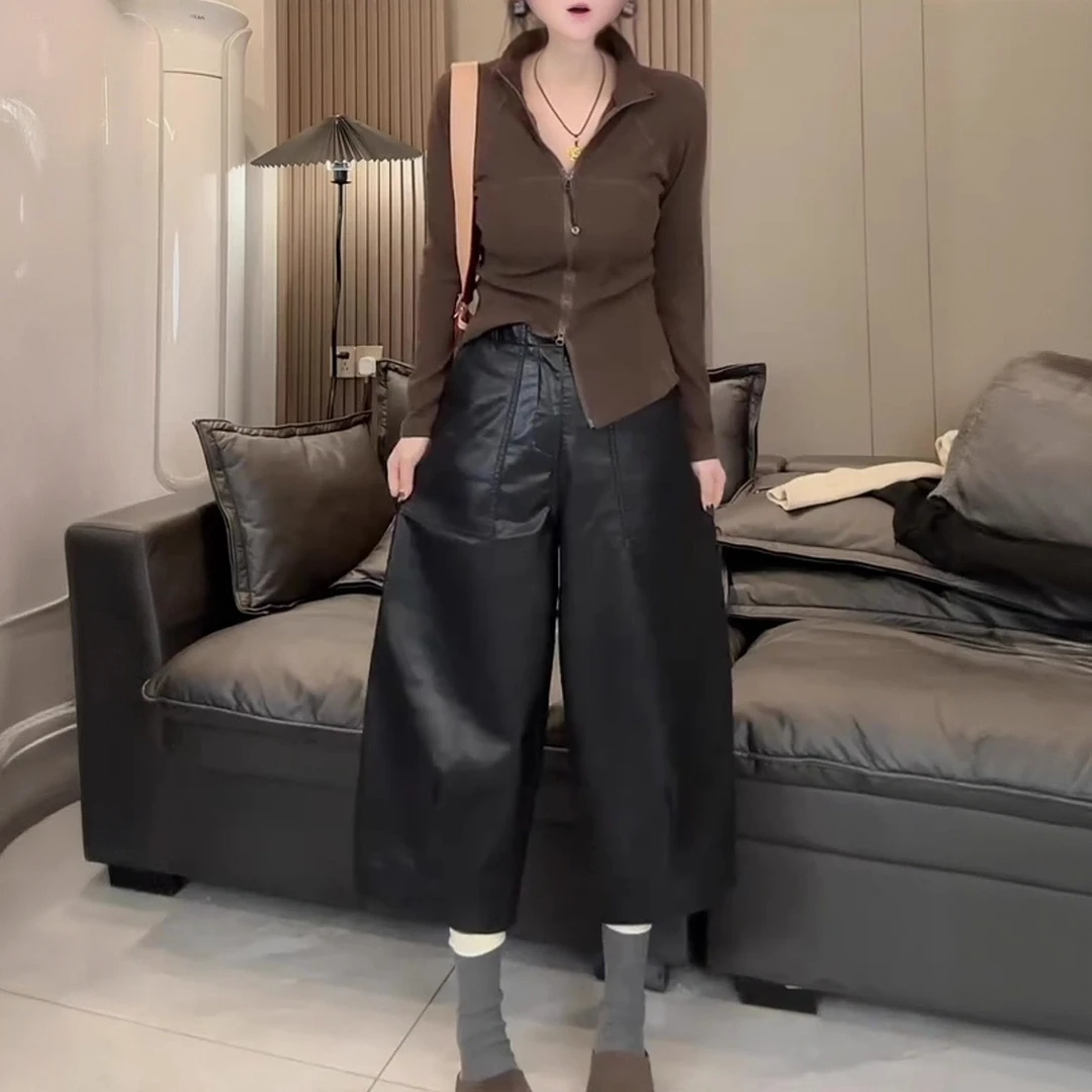 秋季新款时尚设计感口袋通勤风皮裤女梨型身材显瘦高腰阔腿八分裤