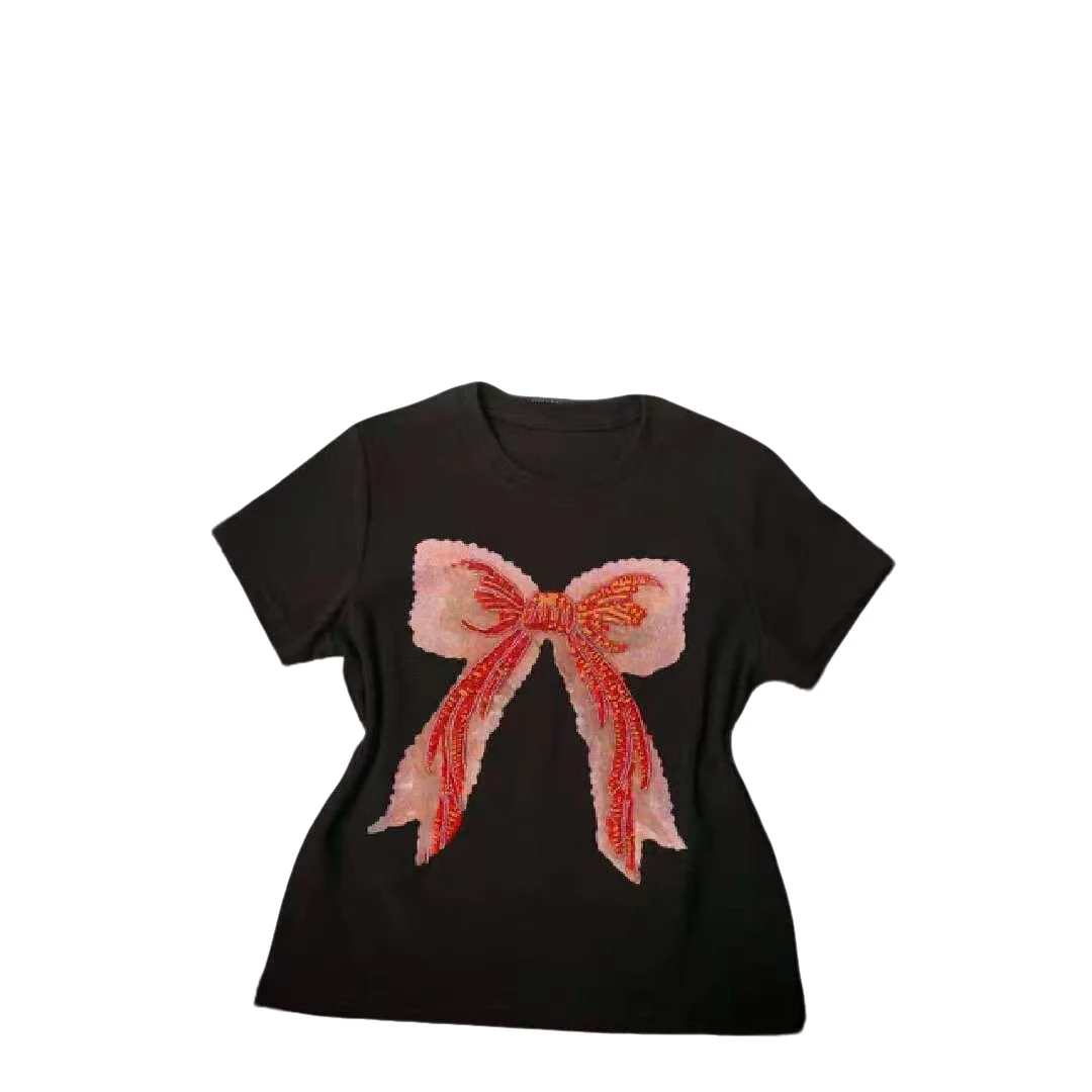 8039红色蝴蝶结钉珠T恤