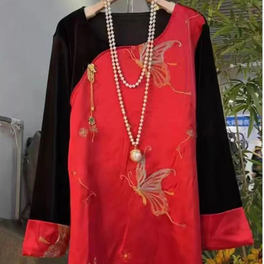 〖猫姐衣橱〗秋冬新款时尚国风丝绒拼锦缎盘扣中长大衫9073-18