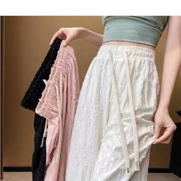 时尚废士风女裤高腰显瘦夏季烫钻百搭外穿阔腿慵懒风休闲裤子潮流