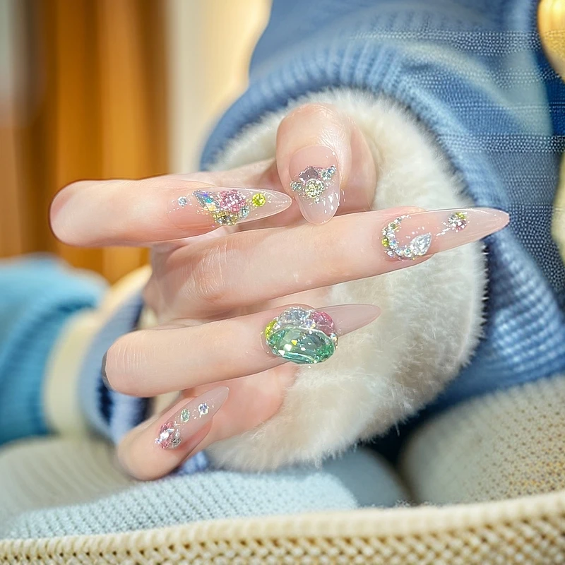 本宫指义【青枝映翠/施华+锆石】K14穿戴甲纯手工  底色：T28