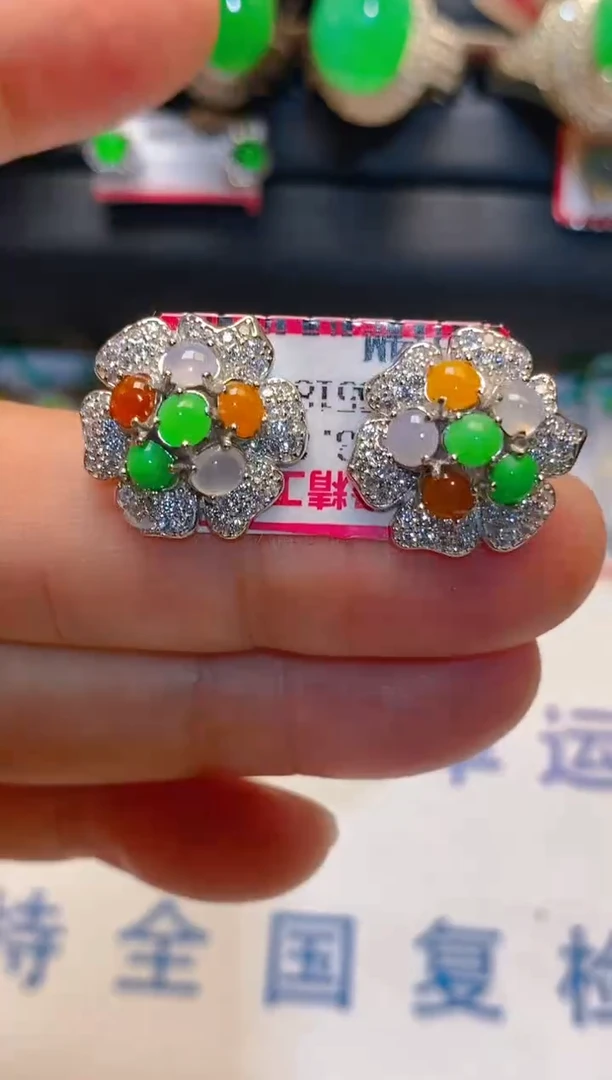 翡翠银S925镶嵌耳饰天然