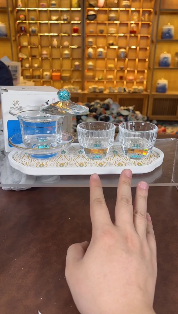 瓷片鸣盏居11111111水晶盖碗+2杯+茶盘