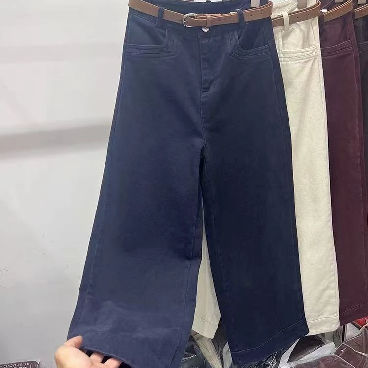 Y1865（无腰带）秋冬高腰加绒休闲阔腿裤加厚直筒裤