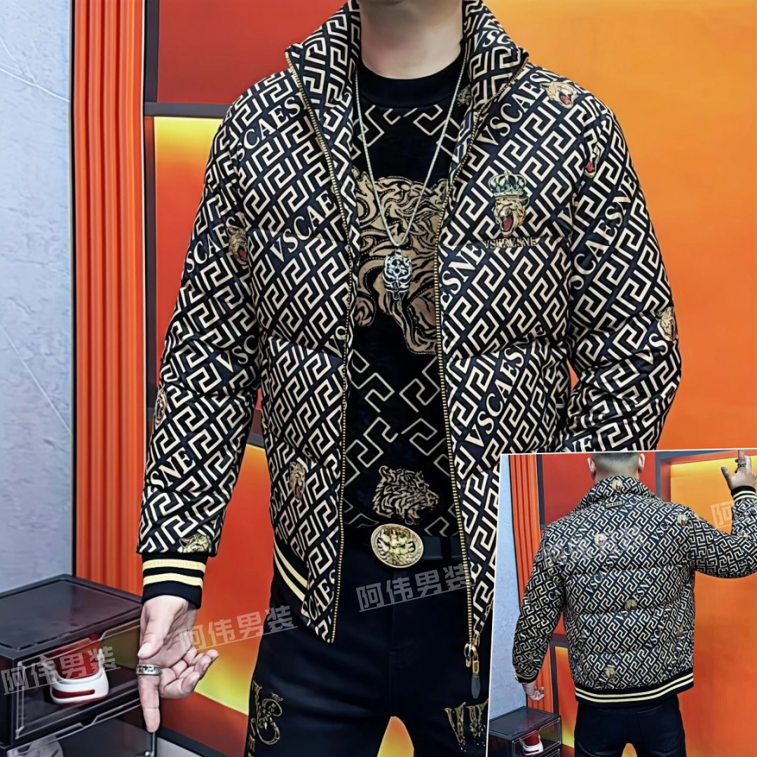 阿伟家冬季男士高品质印花羽绒服时尚潮流加厚立领修身拉链款外套