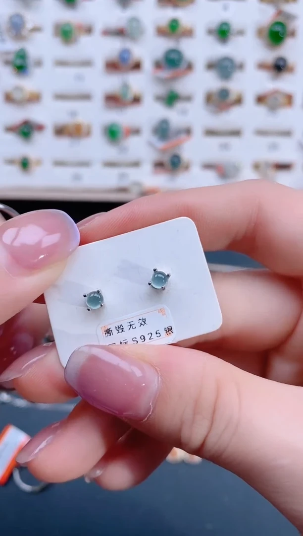 翡翠银S925镶嵌耳饰天然翡翠
