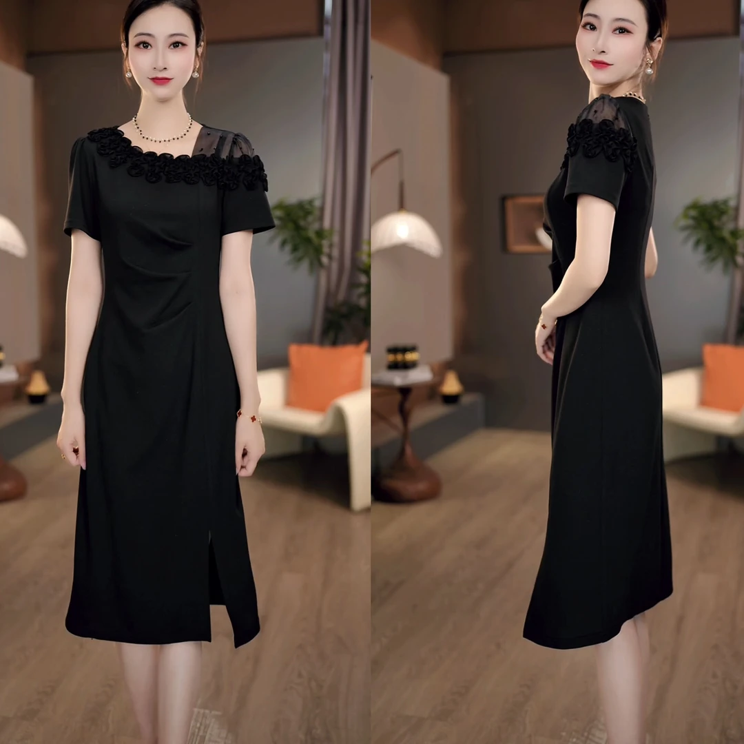 2025夏季新款黑色小心机斜肩领时髦显瘦小众设计连衣裙M-4XL