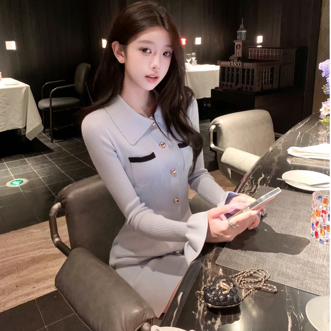 韩系翻领长袖针织连衣裙女秋季高级感纯欲气质修身显瘦百搭包臀裙