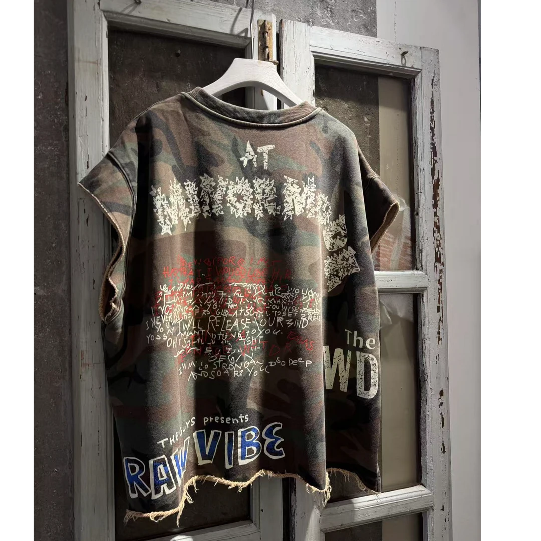 【阔版迷彩】棉感重磅洗旧圆领短袖T恤美式休闲街头印花男女半袖