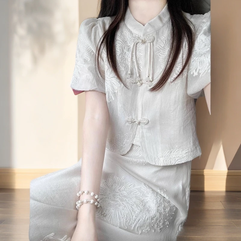 2025新款小个子半身裙两件套装女新中式国风改良白色旗袍上衣女夏