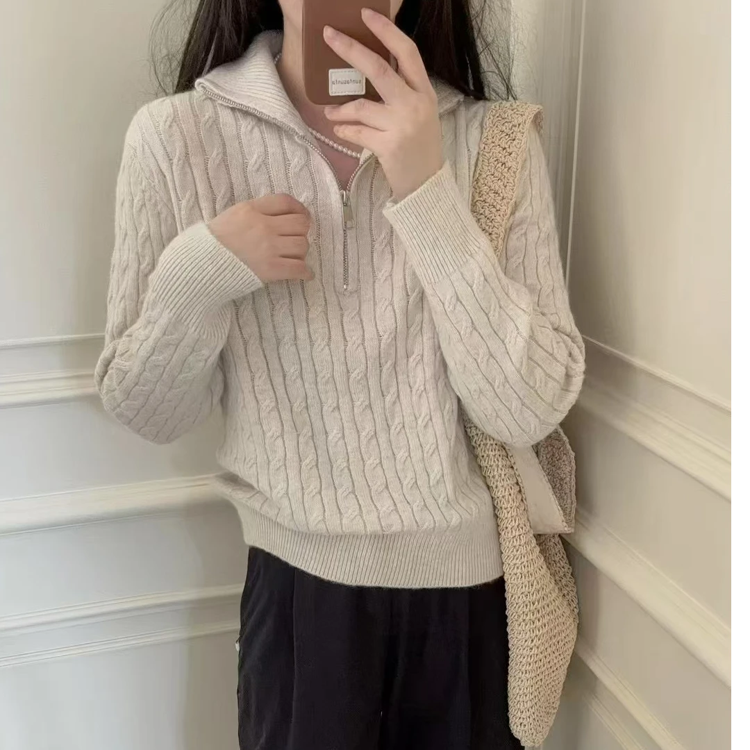 贝姐同款【半高领蜜棕绒针织】7755-YC秋冬软糯麻花针织上衣