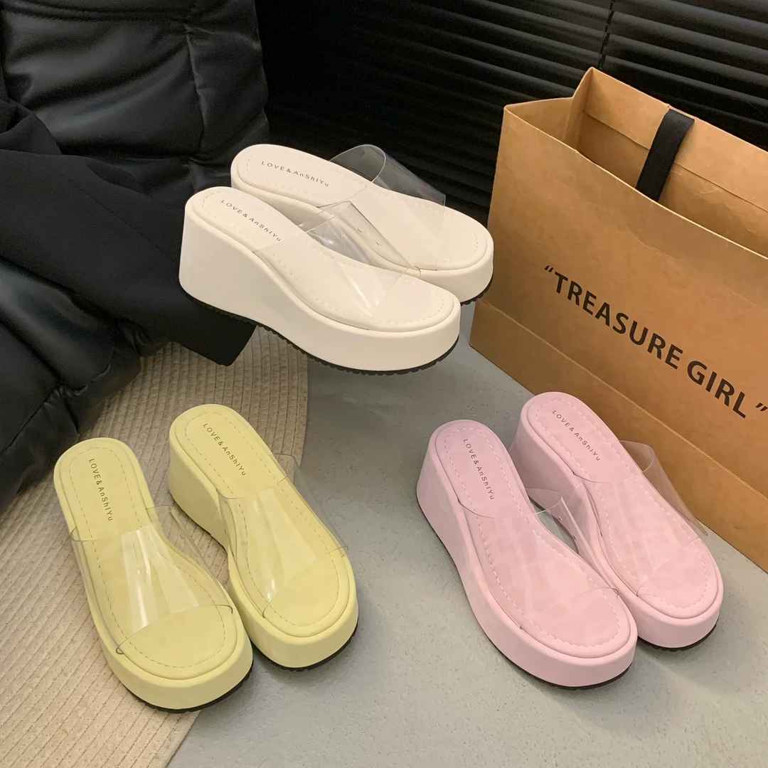 厚底透明一字带拖鞋女夏外穿新款法式绝美拖鞋556(厚底拖鞋)