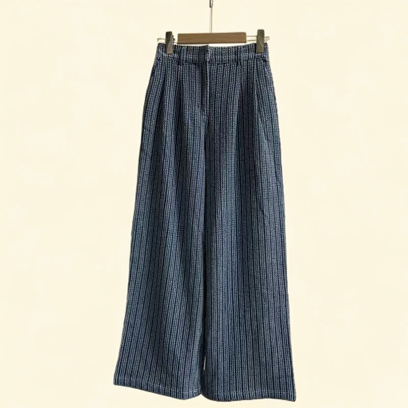 复古水洗牛仔阔腿裤春季新款高腰显瘦垂感休闲直筒宽松格纹