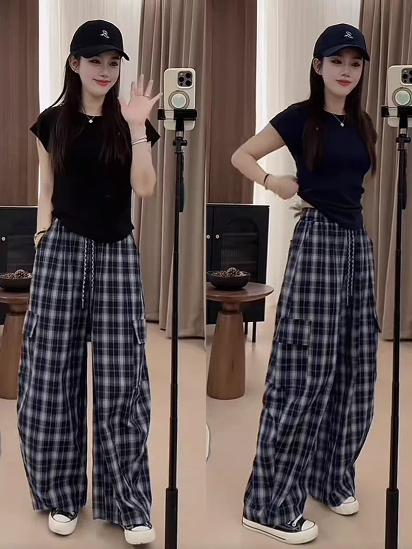 秋季新款慵懒感高腰格子阔腿裤女显瘦垂感休闲裤