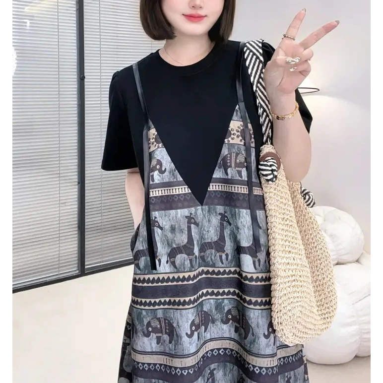 加大300斤可穿2025设计感假两件休闲宽松气质时尚显瘦撞色连衣裙