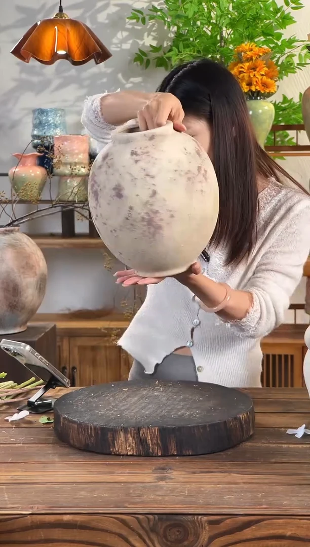 【斑点红月亮罐】侘寂风斑驳陶罐水培陶瓷花瓶【口10直径24高24.5cm】