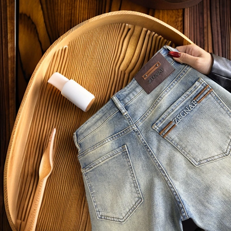 【ZB专属】春季新款经典浅白蓝男士轻奢牛仔裤弹力百搭修身小直筒