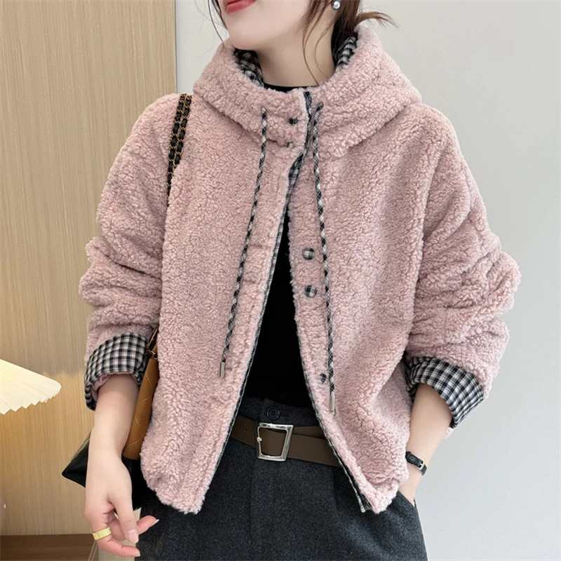 韩版宽松保暖内里格纹拼接毛绒连帽外套女2025秋冬新款百搭上衣潮