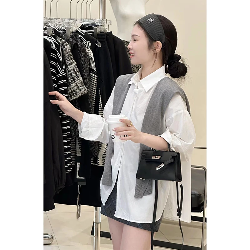 2025冬季高级感时尚轻职风显瘦百搭长袖衬衫灰色披肩高腰半身裙女