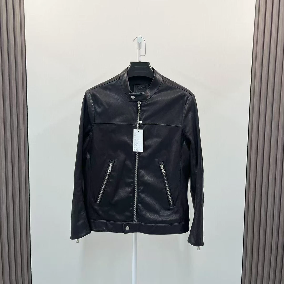 99新 Prada/普拉达 /小羊皮黑棕色皮衣夹克外套/尺码46