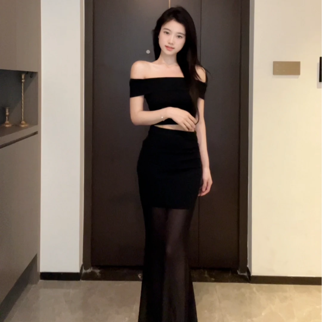 Susu新  一字肩套装 辣妹纯欲性感短袖上衣女网纱半身长裙两件套