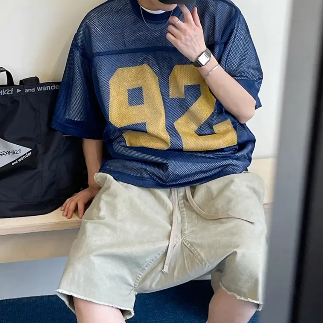 美式百搭复古夏季宽松廓形透气网眼印花镂空圆领短袖T恤男女