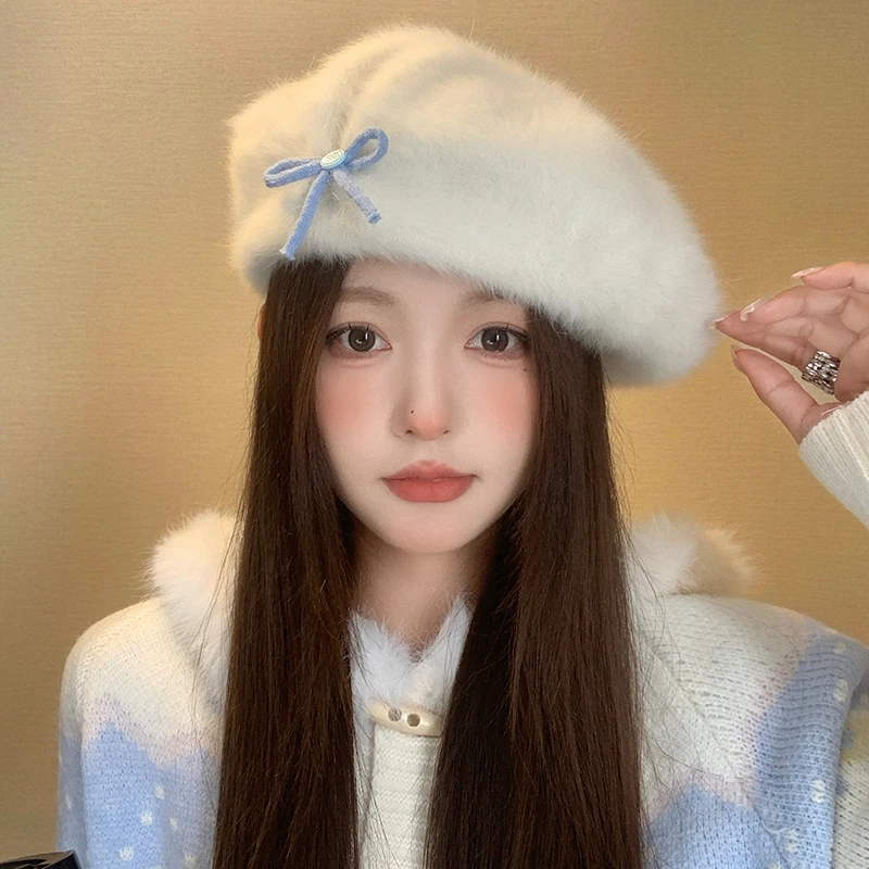 可爱蝴蝶结贝雷帽子女款秋冬季新款休闲时尚毛绒文艺百搭画家帽子